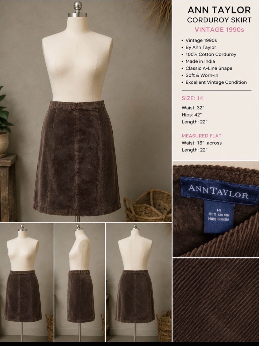 Ann Taylor Chocolate Brown Corduroy A-Line Skirt